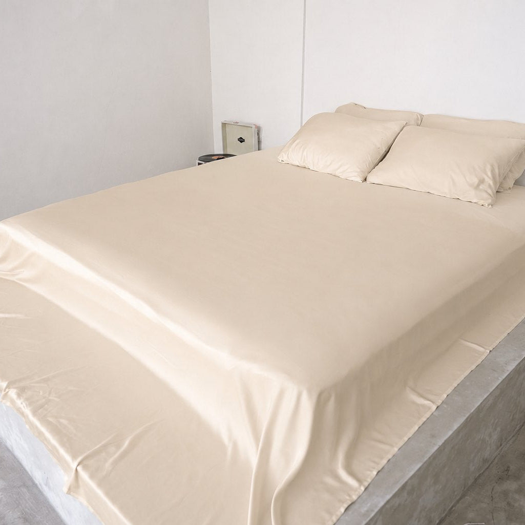 Champagne Silk bamboo sheet set on a queen bed (colour visualisation)