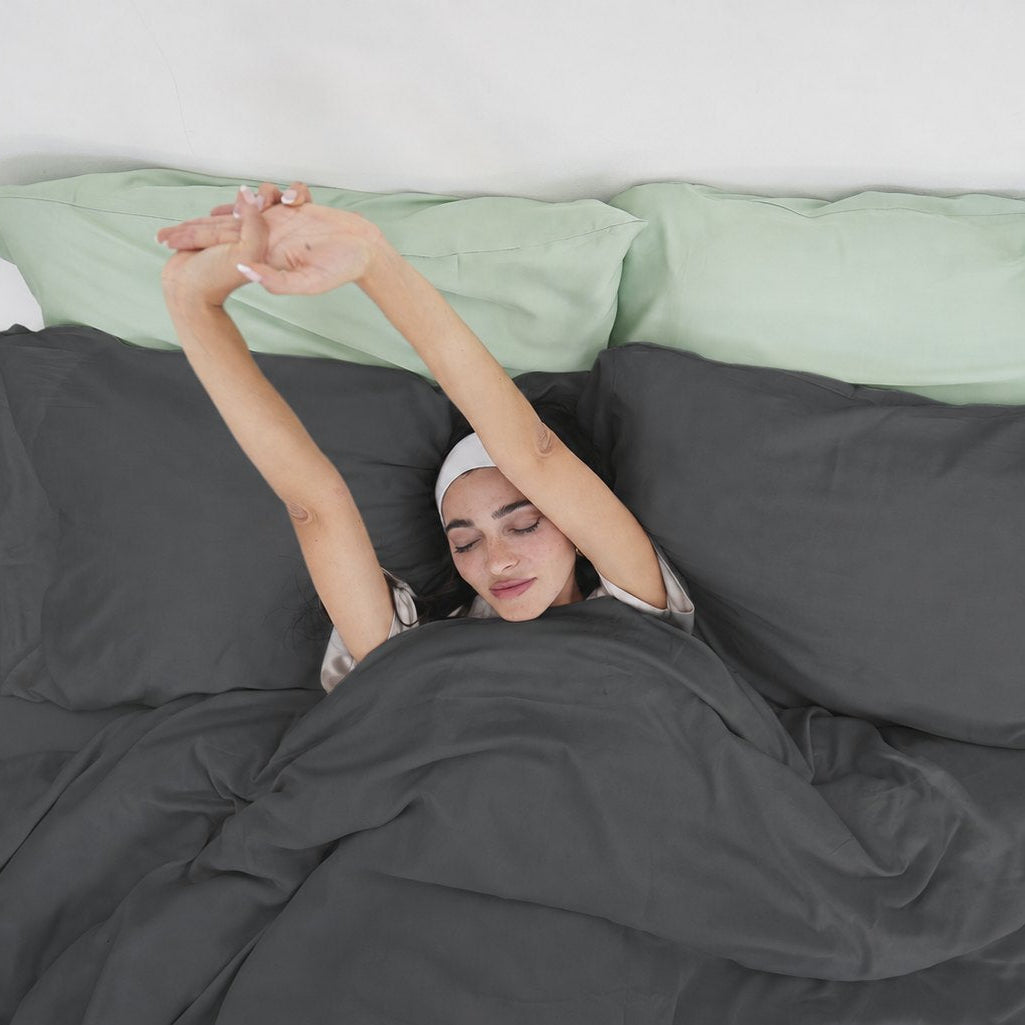 Overhead view of the Charcoal Whisper bamboo duvet set