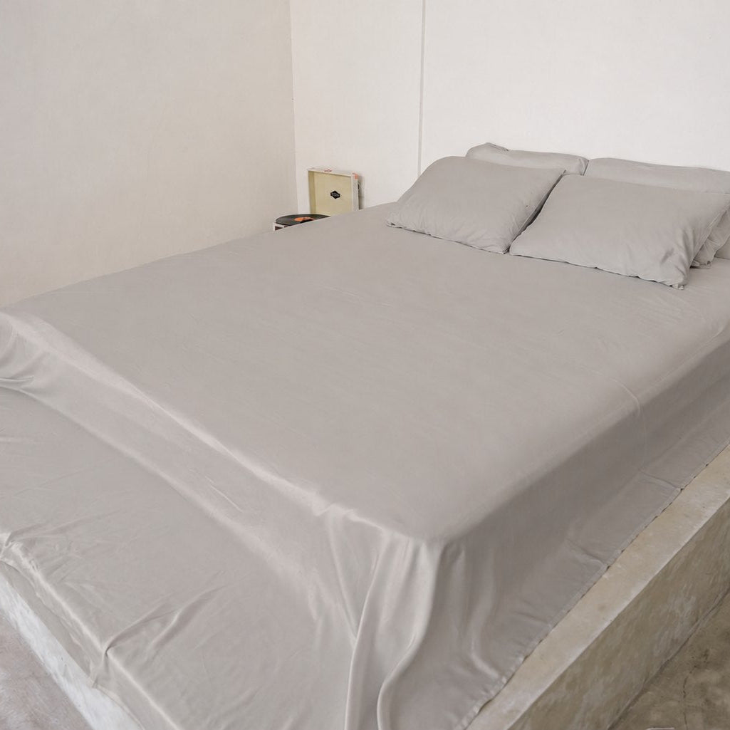Misty Dove Gray bamboo sheet set on a queen bed (colour visualisation)
