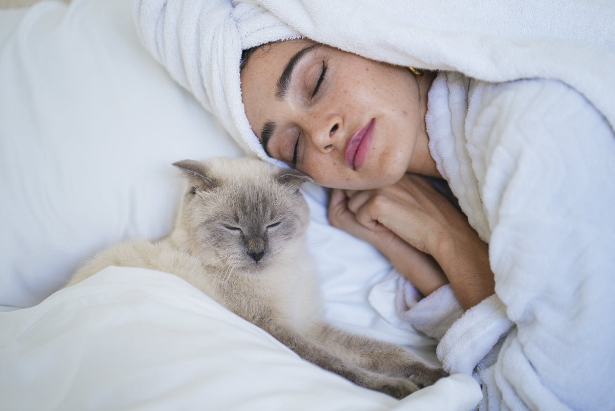 Woman asleep under a bamboo duvet with her cat