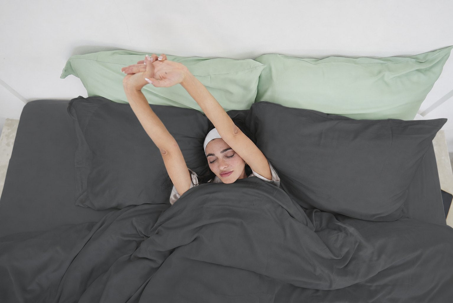 Overhead view of the Charcoal Whisper complete bedding set